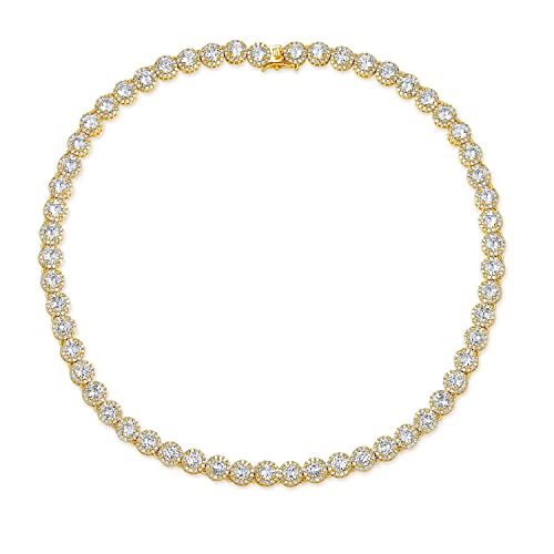 Gemsme 18K White Gold Plated Halo Necklace 5.0mm Round Cubic Zirconia Classic Tennis Necklace - color: Yellow Gold, size: 16 inch