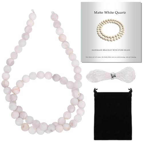 Stone Beads, 60pcs Matte White Quartz, 6mm Round Loose Beads for Jewelry Making, Bracelets, with Bag, String & Card - color: Matte White Quartz, size: 6mm