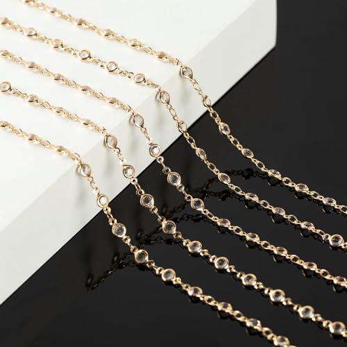 KYUNHOO 16.4 Feet Jewelry Making Supplies Set Gold Plated Brass Chain for Jewelry Craft Making Clear Beaded Necklace Chains Roll with Jump Rings Lobster Clasps - color: Clear Beaed-Gold