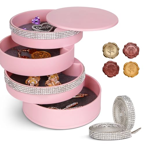 CONBOLA Jewelry Holder Organizer, Christmas Gifts Ideas for Women, Small Jewelry Storage Box Earring Holder, 5-Layer Rotating Jewelry Storage Tray with Lid for Bracelets Rings Bracelets - color: Sparkle Pink