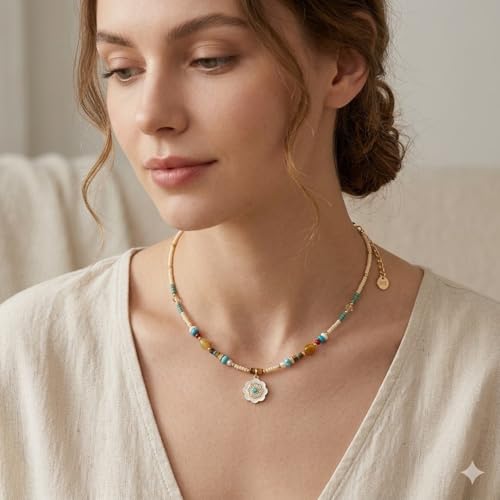 Handmade Natural Gemstone Beaded Necklace for Women, Cultured Freshwater Pearl Choker with Adjustable Extension Chain, Boho Healing Crystal Jewelry Collection - color: b Colorful