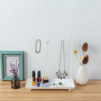 MyGift White Metal Jewelry Organizer Stand for Necklaces with 20 Hooks and Ring Tray - color: White