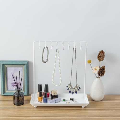 MyGift White Metal Jewelry Organizer Stand for Necklaces with 20 Hooks and Ring Tray - color: White