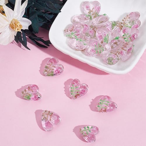 1 Box 20PCS Pink Heart Lampwork Beads Rose Flower Handmade Transparent Flat Glass Clear Floral Spring Garden Loose Spacer Bead Bulk for Jewelry Making Valentine's Day Bracelet Craft Supply