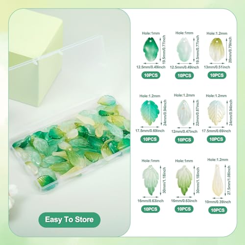 Beadthoven 90pcs Green Leaf Lampwork Glass Beads, Gradient Color Flower Petal Leaves Charms Top Drilled Tiny Leaf Crystal Beads Spacers for Jewelry Making Bracelets Earrings Necklaces DIY Crafts - color: Gradient-9 Styles