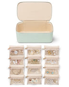 VLANDO Jewelry Organizer with 12 Velvet Jewelry Bags Travel Jewelry Case for Girls Premium Petal Hardware Jewelry Box Necklace Rings Earrings Bags Birthday Holidays Gifts for Self-Mint Green - color: 12PCS-Mint Green