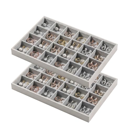 2-Piece Gray leather Stackable Jewelry Organizer Tray Set, Bracelet Ring Earring Holder Box, Necklace Display Stand for Storage and Retail Display (24 Grids) - style: 24 Grids