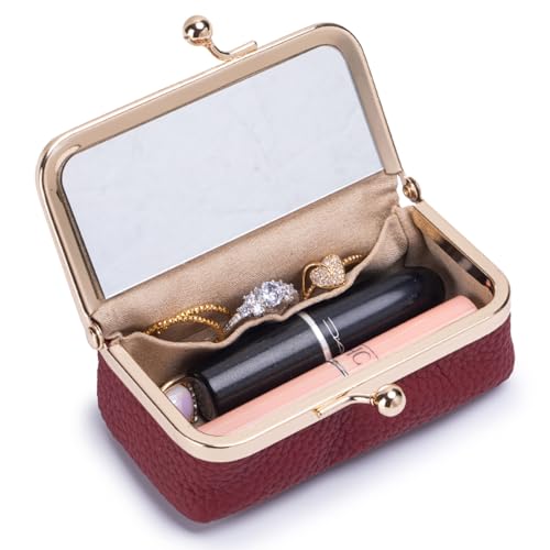 Genuine Leather Travel Jewelry Box, Mini Jewelry Organizer Case with Mirror for Women, Small Lipstick Bag for Purse, Cute Portable Gift for Her women giril (Red, A) - color: Red, size: A