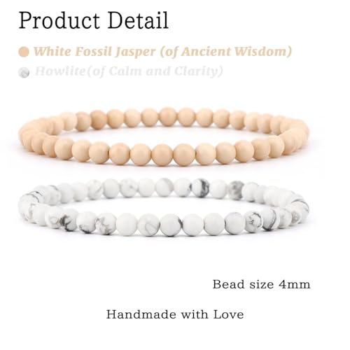 NCB 2.3-Piece 4mm Natural Crystal Gemstone Stretch Bracelets – Handmade Reiki Energy Healing Jewelry for Meditation,Yoga, Unisex - color: 2PCS ( Howlite+White Fossil Jasper ), size: 4mm