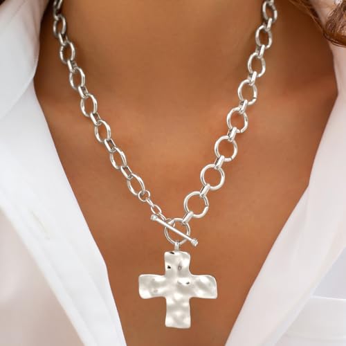 CHESKY 14K Gold Plated Chunky Necklace for Women, Trendy Paperclip Chain Necklace Thick Cross Heart Pendant Necklace Layered Herringbone Cuban Link Chain Toggle Necklaces Non Tarnish Jewelry - color: silver, style: cross