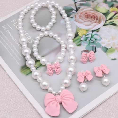 Princess Jewelry for Little Girls, Handmade Bow Pearl Kids Jewelry Set, Stretch Necklace Bracelets Rings and Clip on Earrings, Perfect for Dress Up, Birthday Parties, and Costume Play - color: Pink