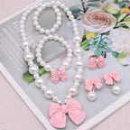 Princess Jewelry for Little Girls, Handmade Bow Pearl Kids Jewelry Set, Stretch Necklace Bracelets Rings and Clip on Earrings, Perfect for Dress Up, Birthday Parties, and Costume Play - color: Pink