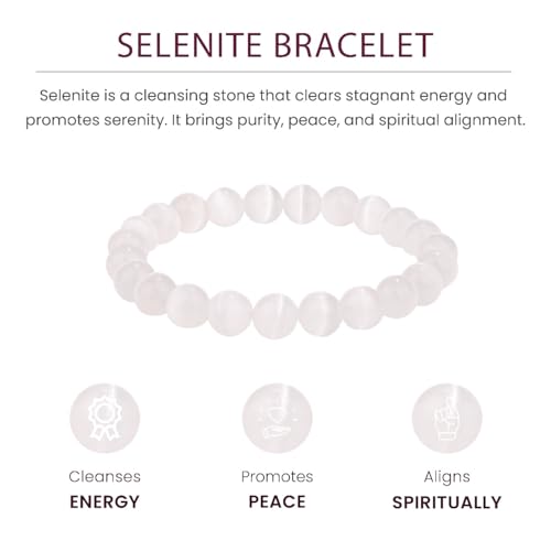 Crystal Vibe 8mm Beaded Bracelets For Women Men - Healing Crystal Bracelet - Adjustable Size - color: selenite