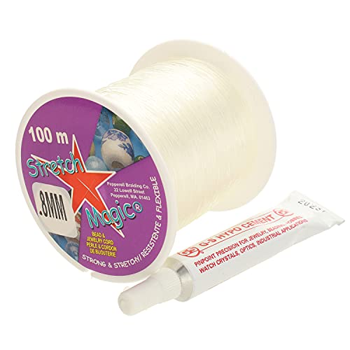 Stretch Magic Bead & Jewelry Cord - Strong & Stretchy, Easy to Knot - Clear Color - 0.8mm Diameter - 100-meter (328 ft) Spool - Elastic String for Making Beaded Jewelry – Bonus Hypo Cement Glue - size: 0.8mm