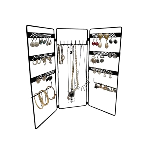 Jewelry Holder, Jewelry Organizer, folding 3 piece Jewelry Display Stand with Metal Frame, Necklace Earring Bracelet Holder, for Studs, Rings, Gift Idea, Gold, Silver, Black Color (BLACK) - color: BLACK