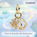 925 Sterling Silver Charms for Bracelets Gold Love and Heart Charms Cherry Blossom Dangle Beads Jewelry for Women - color: Gold Four Leaf Clover Dangle Charm