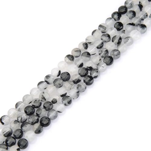 Adabele 15 Inch Natural Black Rutilated Quartz Gemstone 6mm Faceted Flat Round Coin Loose Beads Gem Stone Spacer (59-64pcs) for Jewelry Making GZ13-5 - color: Black Rutilated Quartz, size: 15 Inch/1 Strand