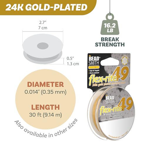 The Beadsmith Flex-Rite Beading Wire - 49-Strand Nylon-Coated Stainless-Steel Wire, 0.014" (0.35 mm) Dia, 24k Gold-Plated, 30 ft Spool, Durable Necklace & Bracelet String, for Jewelry Making Supplies - color: 24k Gold-Plated, size: .014” Dia - 30 ft