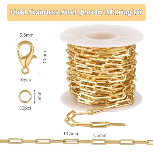 GTVOODX Chunky Paperclip Chain Roll Gold Filled 4 Meters Stainless Steel Handmade Paper Clip Link Chains Spool Bulk for Women Jewelry Making with Lobster Clasps Jump Rings - color: Gold Thick Paperclip Chains