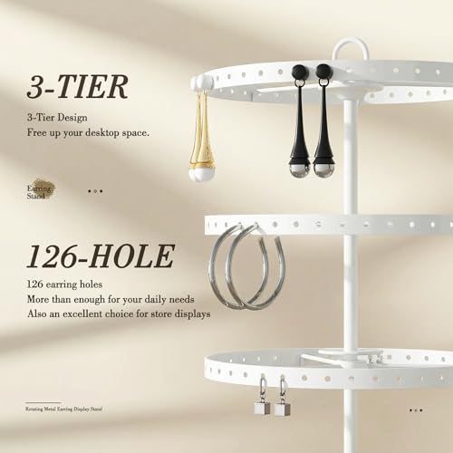 3 Tiers Metal Rotating Earring Holder Organizer Stand Adjustable Display Tree, 126 Holes Large Carousel Rack for Stud Hoop Pierced Dangling Women Girls, Perfect View for All Earrings (White) - color: White