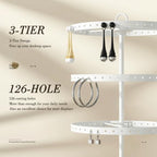 3 Tiers Metal Rotating Earring Holder Organizer Stand Adjustable Display Tree, 126 Holes Large Carousel Rack for Stud Hoop Pierced Dangling Women Girls, Perfect View for All Earrings (White) - color: White