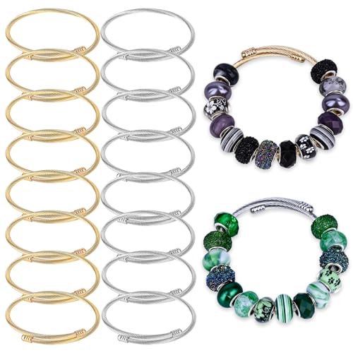 16 Pieces Twisted Cable Wire Bracelet Stylish Fine Stainless Steel Open Cuff Bracelets Mixed 3mm Thin Adjustable Expandable Elastic Bangle Bracelets for Women DIY Jewelry Making Christmas Day Gift - color: silver gold2