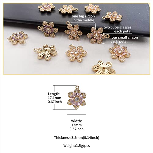 Crystal Zirconia Gold Plated Brass Charms for Jewelry Making Bracelet Necklace Earring Pendant Craft Supplies DIY Accessories - color: FlowerB-Pink-6Pcs