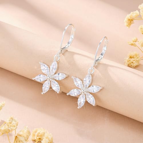 925 Sterling Silver Flower Dangle Earrings for Women, Daisy Flower Dangling Leverback Earrings, Cubic Zirconia Dangly Earring 14k Gold Plated Hypoallergenic CZ Floral Drop Earing for Women Trendy Jewelry Gifts - color: Silver