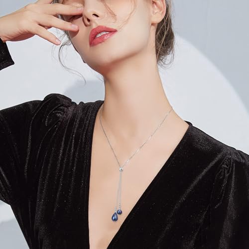 Long Necklace Sterling Silver Larait Bar Y Lariat Long Chain Drop Adjustable Necklace Gift for Her, 30" - style: Long Black Pearl Necklace