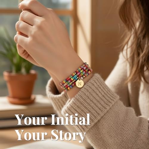 Set of 4 Colorful Bead Initial Bracelets, Personalized Stackable Jewelry, Adjustable Stretchy Charm Bracelets for Women, Beaded Bracelet Set, Trendy Custom Jewelry Gift - style: Colorful Bead - N