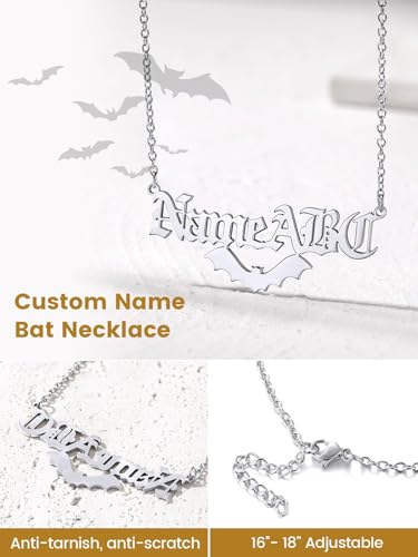 GoldChic JEWELRY Name Necklace Personalized for Men, Womens Custom Name Plate Chain, Stainless Steel Customized Old English Nameplate Choker with Curb Chains Custom, 16 inches to 30 inches - color: Rolo Chain(1.8 mm)&Bat- Steel