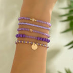 5Pcs Bohemian Multilayer Crystal Beads Stackable Bracelets Y2K Circle Disc Coin Pendant Colorful Beaded Elastic Stretch Bracelets for Women Boho Beach Vacation Holiday Jewelry Gift - color: Purple