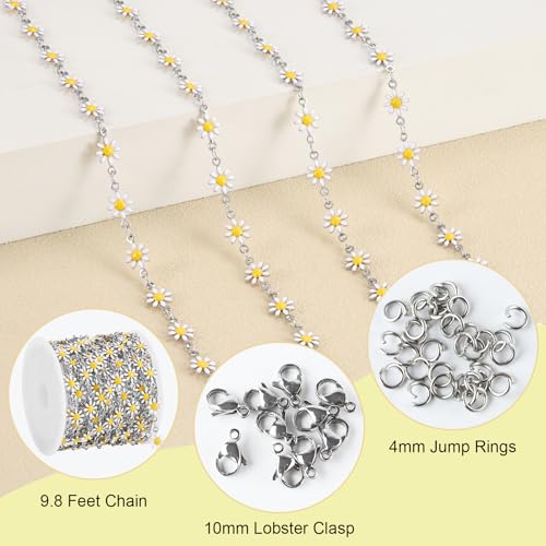 SMYHTGLIF 9.8 Feet White Daisy Chain for Jewelry Making Silver Plated Chain Bulk Roll Stainless Steel Flower Jewelry Making - color: White Silver