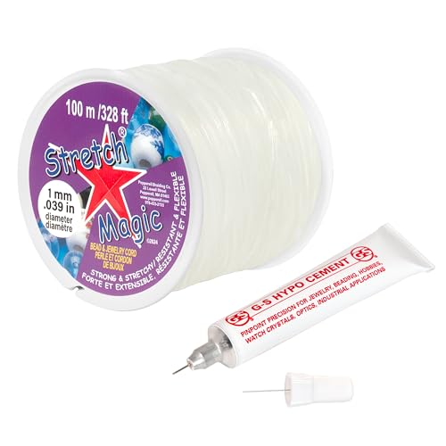 Stretch Magic Bead & Jewelry Cord - Strong & Stretchy, Easy to Knot - Clear Color - 1mm Diameter - 100-meter (328 ft) Spool - Elastic String for Making Beaded Jewelry – Bonus Hypo Cement Glue - size: 1mm