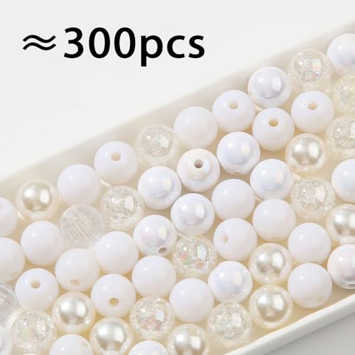 12mm White Acrylic Beads 300pcs Focal Spacer Bead Chunk Bubblegum Beads for DIY Crafting Necklace Bracelet Jewelry Making Keychain (White) - color: white