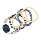 RIAH FASHION Bohemian Acrylic Druzy Multi-Layer Bead Statement Bracelet - Versatile Faux Stone Pendant Stretch Strand Stackable Cuff Bangle Set Sparkly Crystal - color: Acrylic Druzy & Natural Stone Bead Navy