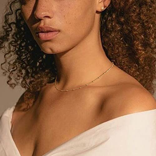 MEVECCO Dainty Gold Chain Choker Necklace 14K Gold Plated Handmade Boho Cute Tiny Beaded Link Choker Necklace Delicate Simple Minimalist Choker Necklace for Women - style: Gold Satellite Bead