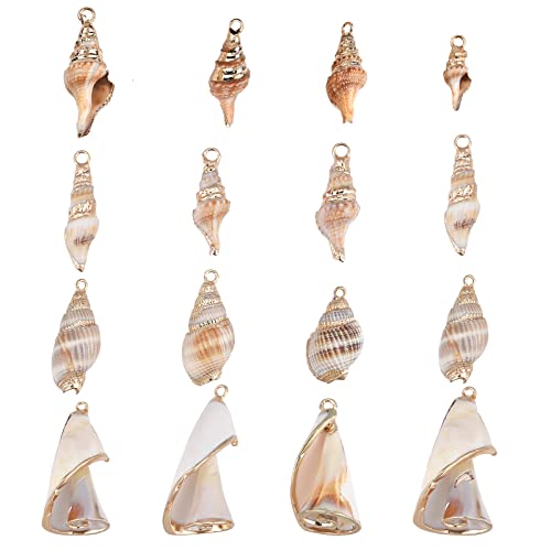 SUNNYCLUE 1 Box 16Pcs 4 Style Electroplate Spiral Seashells Craft Charms Connectors Pendant Conch Shells Charms with Plated Golden Loop Bail for Bracelet Necklace Making Craft Supplies - color: 1 Box 16Pcs Spiral Seashell Charms