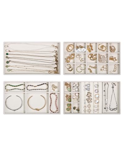 Stackable Jewelry Organizer Trays with Removable Dividers, 4-Tray Beige Jewelry Drawer Organizer Set for Earrings, Necklaces, Rings & Bracelets Gift for Her - size: 4 Layers