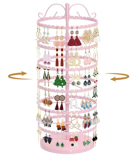 MODOWEY 6 Tier Rotating Earring Holder Organizer Stand, Adjustable Metal Display Tree Rack for Women, 480 Hole and Groove Large Storage for Pierced Stud Dangle Hoop, Compact for Small Dresser, Pink - color: Pink, size: 6-Tier