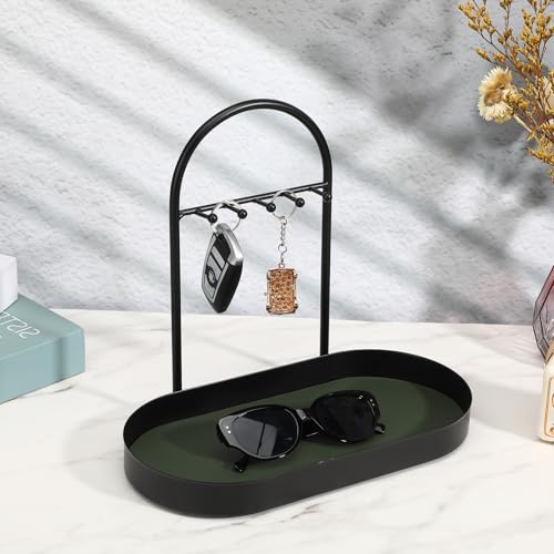 MAQUITA Key Holder Tray & Jewelry Organizer Stand with Acrylic Base, Key Stand and Jewelry Tray with 5 Hooks