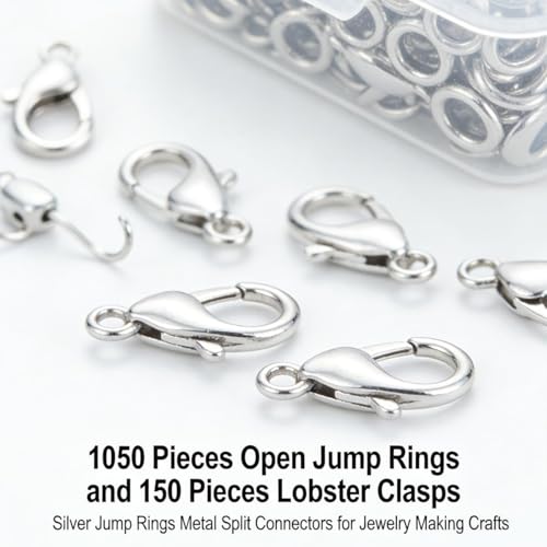 1050 Pieces Open Jump Rings and 150 Pieces Lobster Clasps, Silver Jump Rings Metal Split Connectors for Jewelry Making Crafts (Silver) - color: Silver