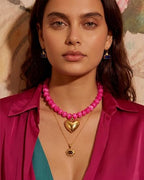 Gold Heart Pendant Necklaces for Women Colorful Acrylic Resin Beaded Choker Necklace Fashion Chunky Statement Beaded Heart Necklace - color: Rose red
