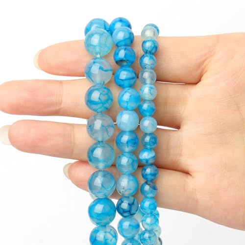 60pcs Smooth Natural Blue Agate Beads，6mm Dragon Vein Gemstone Round Loose Stone Beads for Jewelry Making DIY Bracelet Necklace Earrings - color: blue dragon vein, size: 6mm