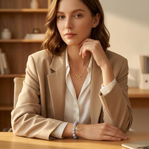 Bow Bracelet Necklace Set 14K Gold Beaded Bracelet Dainty Bow Pendant Choker Jewelry Gift Set - color: Blue 2