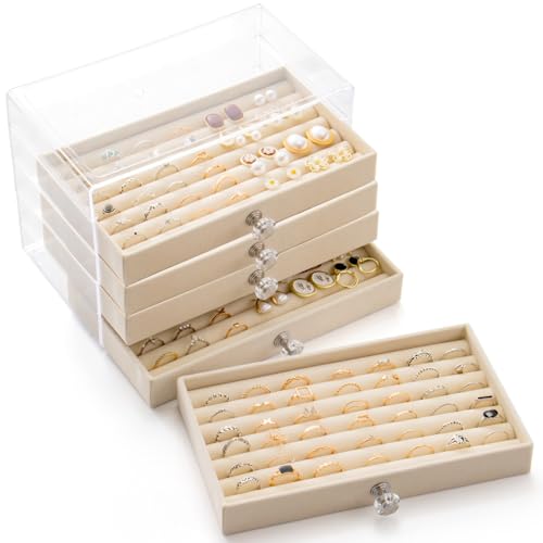 SPAKOWN Ring Box Display Holder, Clear Velvet Jewelry Storage Tray Organizer for Ring Stud Earring (Beige - 5 Drawers) - color: Beige, size: 5 Drawers