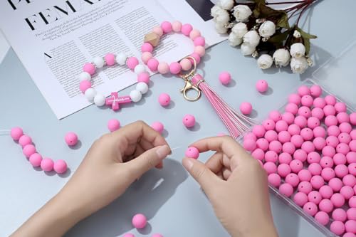 MAIBAOTA 120 Pcs Pink Silicone Beads (15 mm) for Keychain, Pens, Bracelet, Necklace Making - Bulk Pack with Boxed Kits - color: Pink