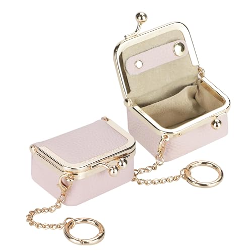 Royal Bagger Genuine Cow Leather Mini Jewelry Box Women's Coin Purse Solid Color Kiss Lock Change Pouch Casual Style Small Storage Bag for Women 1894 (Pink with Chain) - color: Pink with Chain