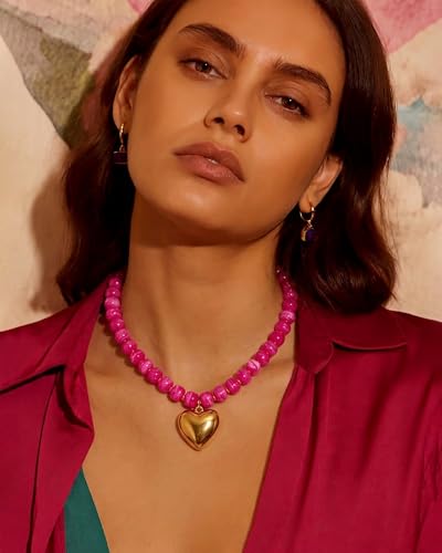 Gold Heart Pendant Necklaces for Women Colorful Acrylic Resin Beaded Choker Necklace Fashion Chunky Statement Beaded Heart Necklace - color: Rose red
