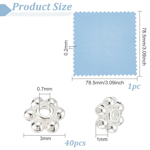 BENECREAT 40PCS 925 Sterling Silver Daisy Spacer Beads, 3x1mm Flower Shape Septal Bead with Silver Polishing Cloth for Earrings, Necklaces, Pendants, Hole: 0.7mm